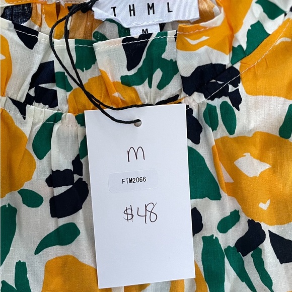THML Yellow Green Black White Floral Ruffle Sleeve Top Blouse Women’s Medium NWT - Picture 8 of 10